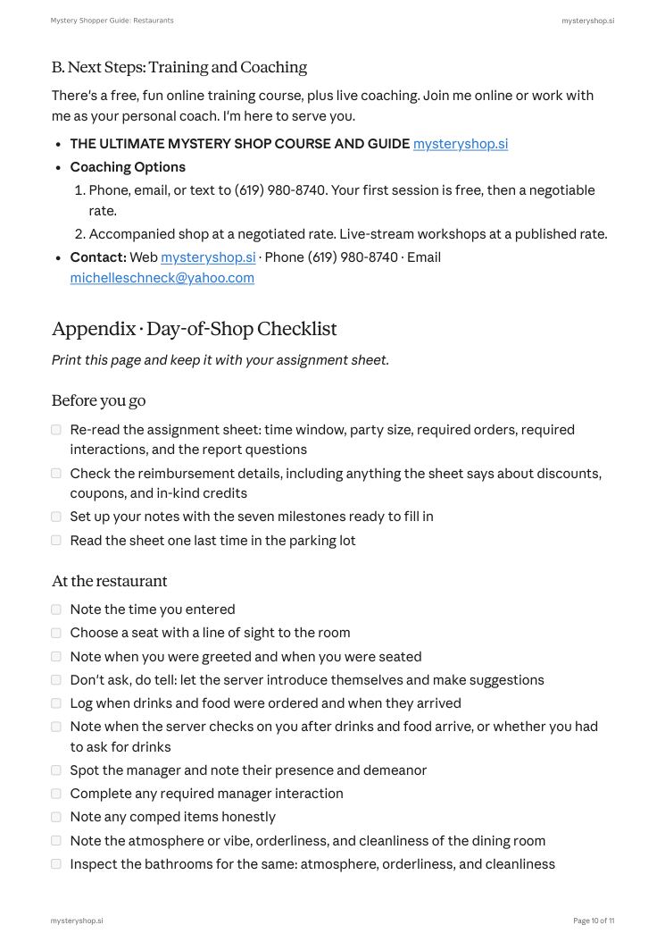 Guide page: next steps and day-of-shop checklist